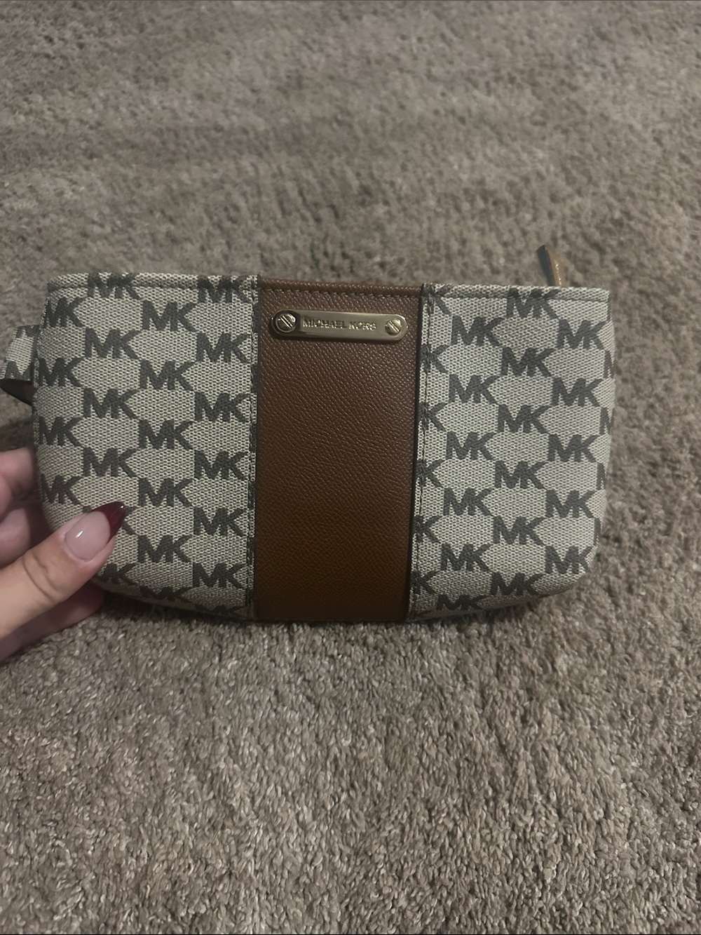 Michael Kors Canvas MK Logo Toiletry Pouch in Brown and Gray